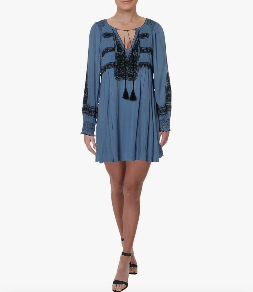 Free People - Wind Willow Embroidered V-Neck Mini Dress Blue - LG